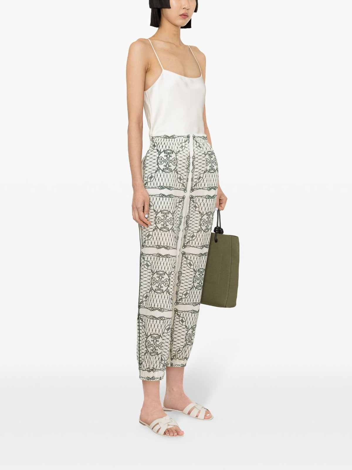 Shop Tory Burch Printed Cotton Trousers In Blanco