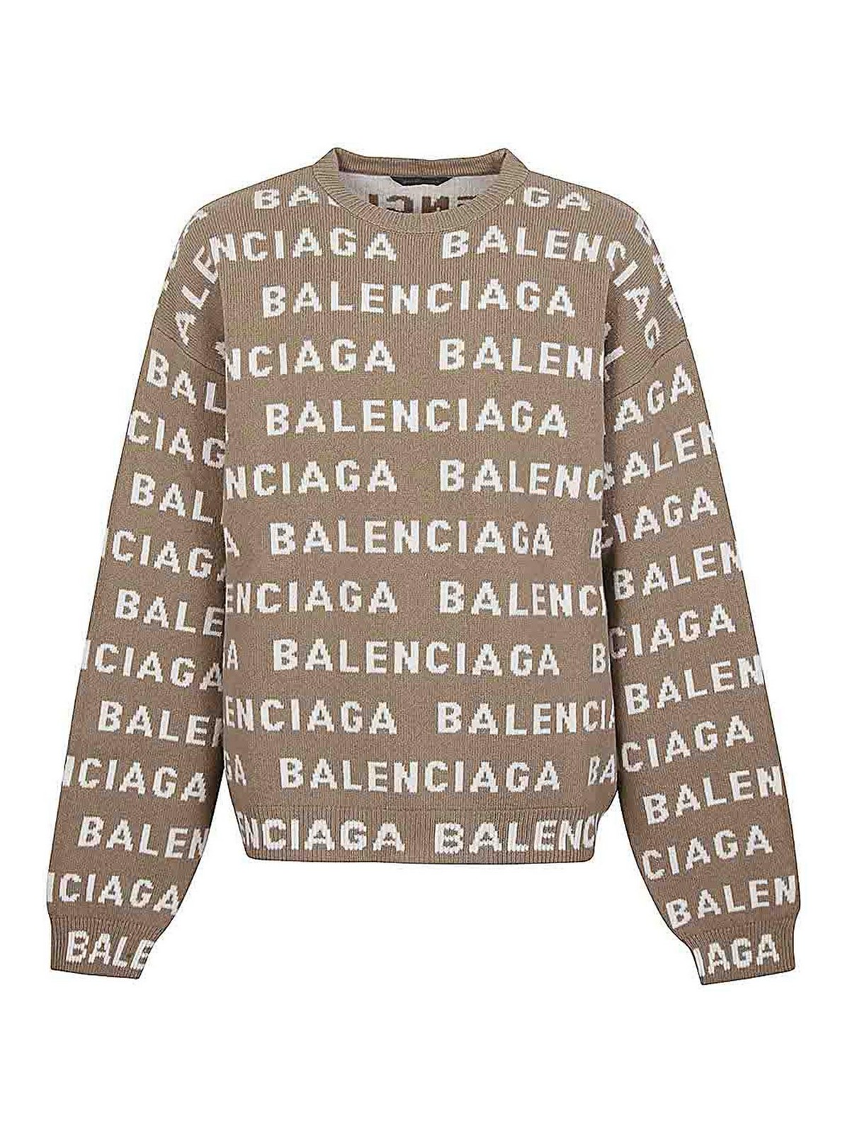 Shop Balenciaga Allover Logo Crewneck Sweater In Beis