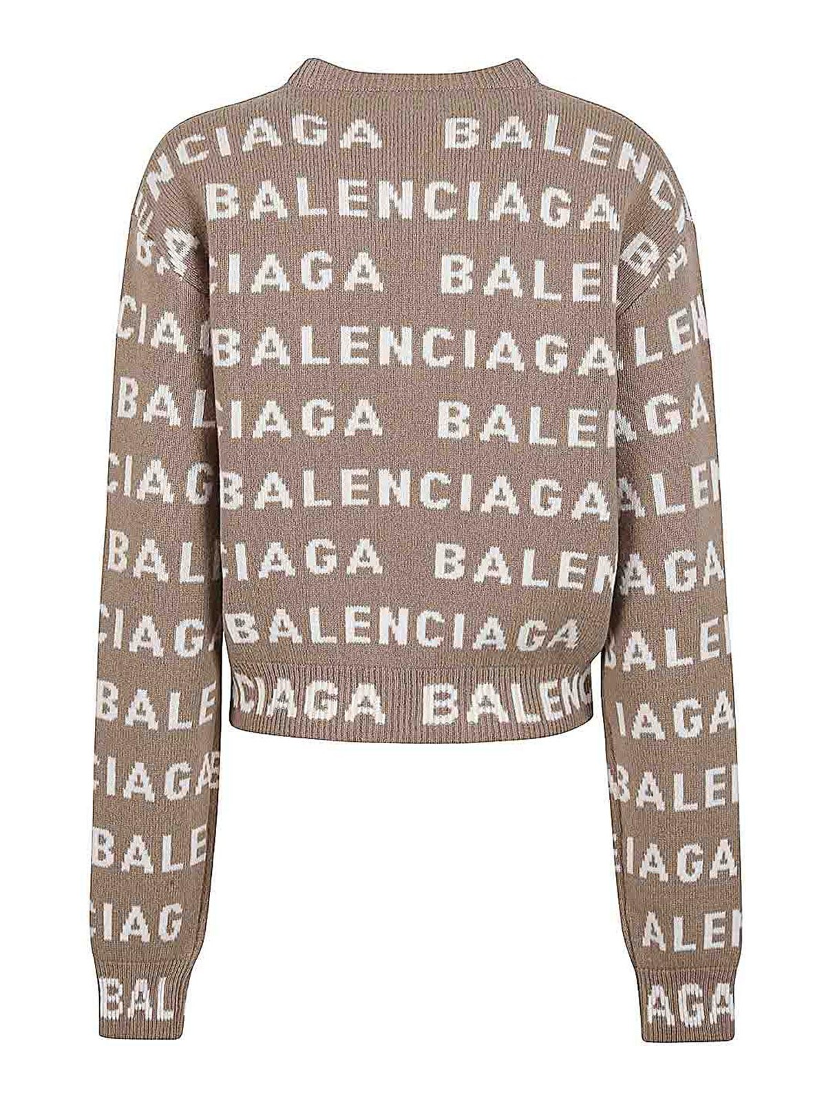 Shop Balenciaga Allover Logo Wool Cropped Sweater In Beis