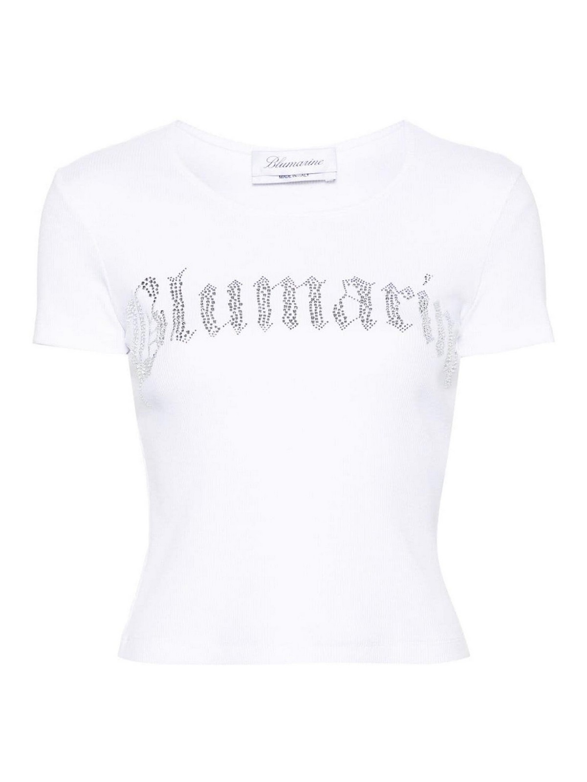 Shop Blumarine Logo Ribbed Cotton Cropped T-shirt In Blanco