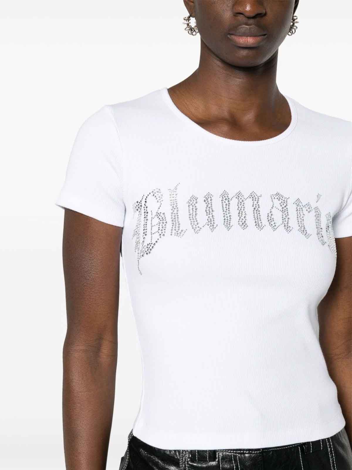 Shop Blumarine Logo Ribbed Cotton Cropped T-shirt In Blanco