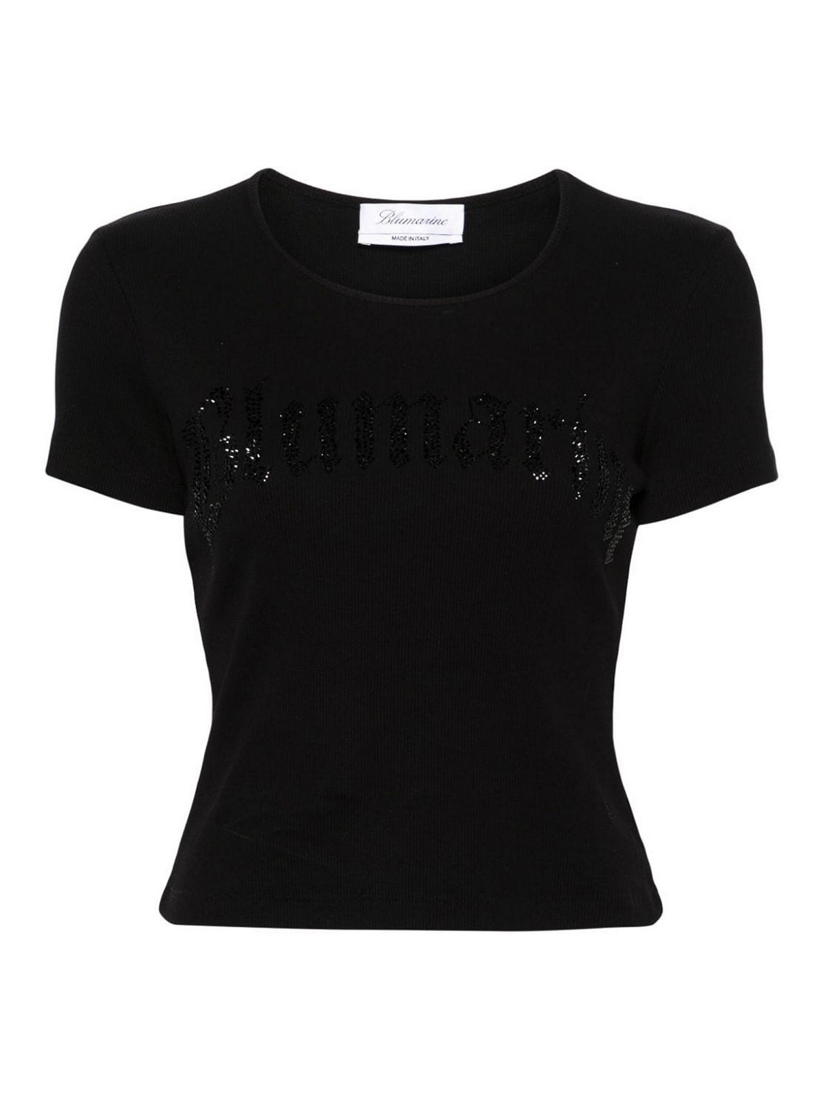 Shop Blumarine Logo Ribbed Cotton Cropped T-shirt In Negro