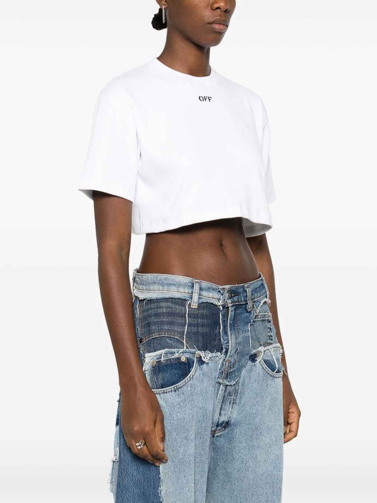 Shop Off-white Logo Cotton Cropped T-shirt In Blanco