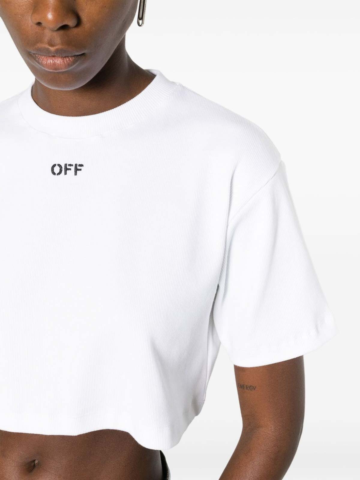 Shop Off-white Logo Cotton Cropped T-shirt In Blanco