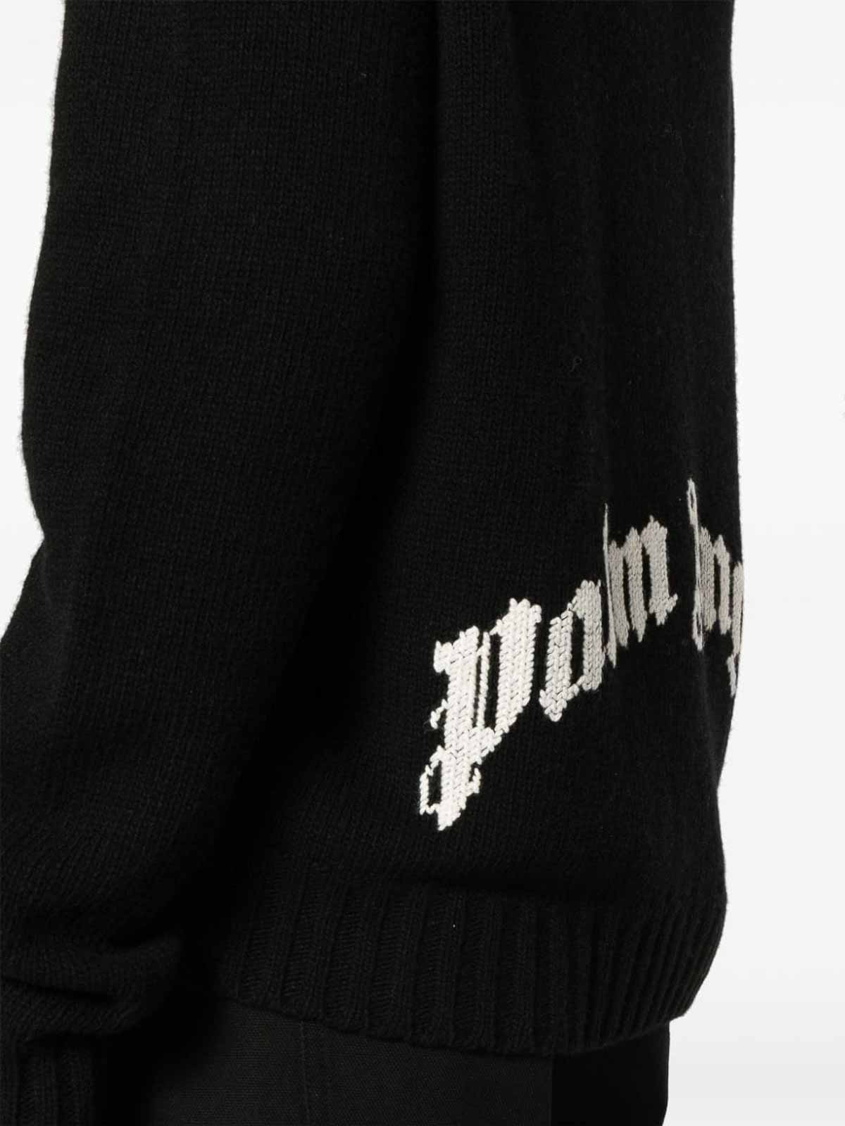 Shop Palm Angels Logo Wool Blend Hooded Sweater In Negro