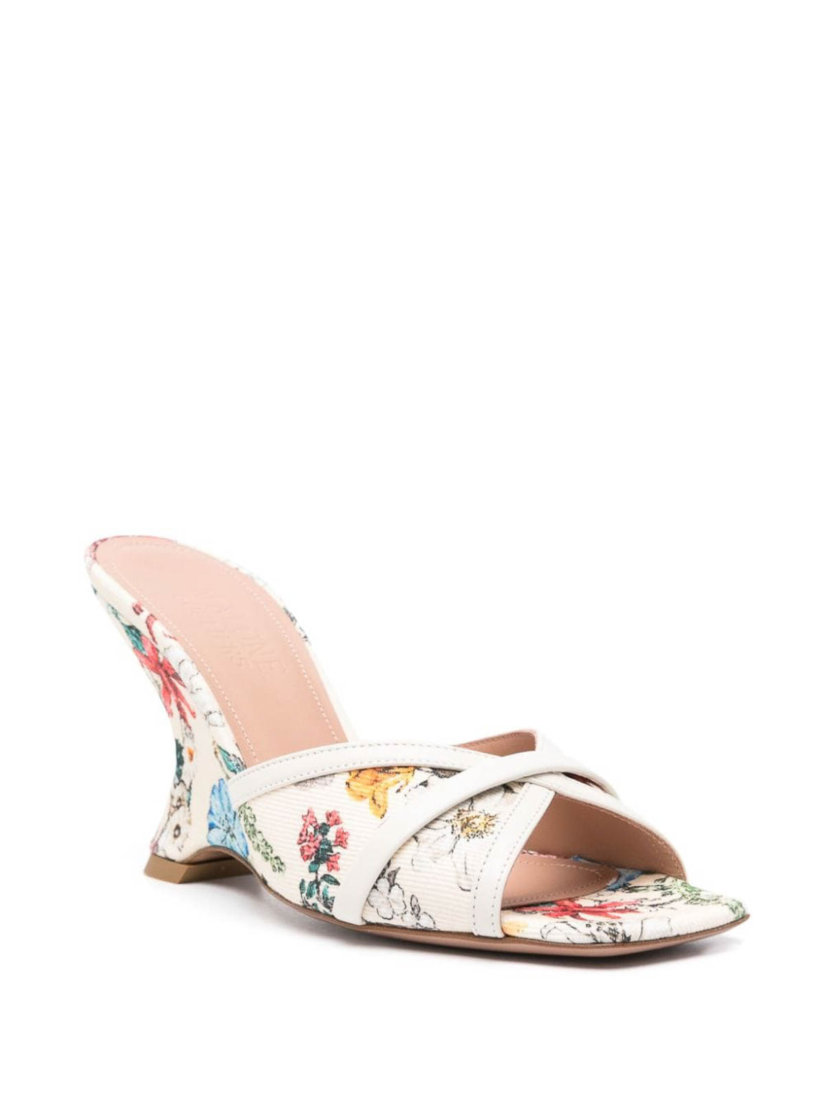Shop Malone Souliers Perla Wedge 85 Printed Canvas Mules In Beis