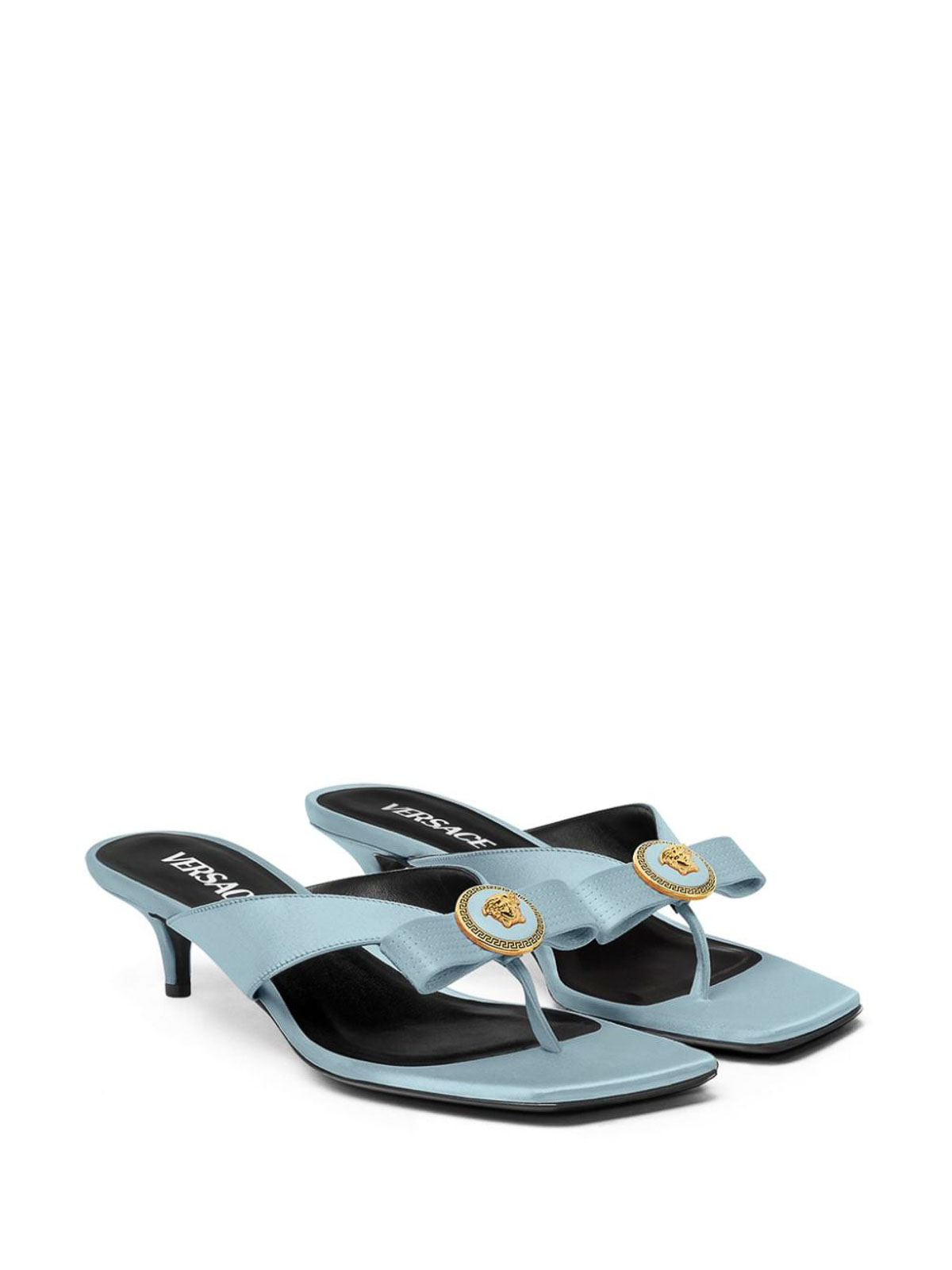Shop Versace La Medusa Satin Sandals In Azul