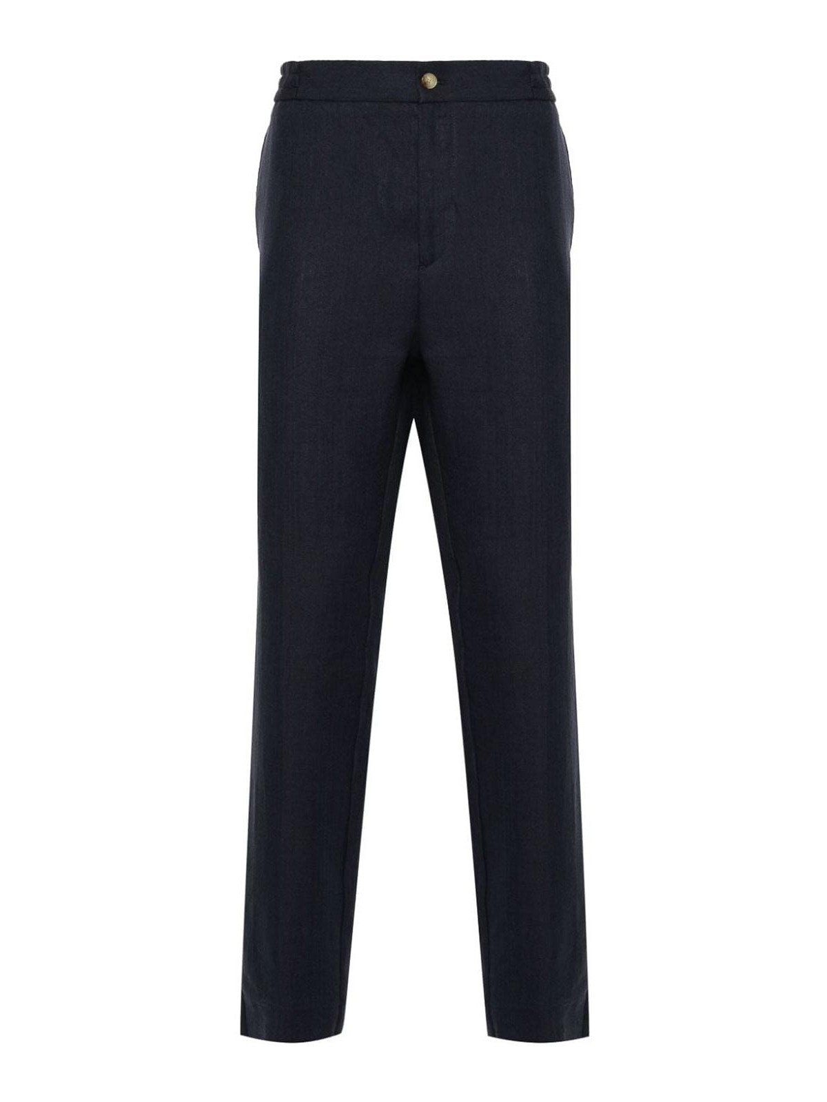 Shop Etro Navy Linen Trousers In Blue