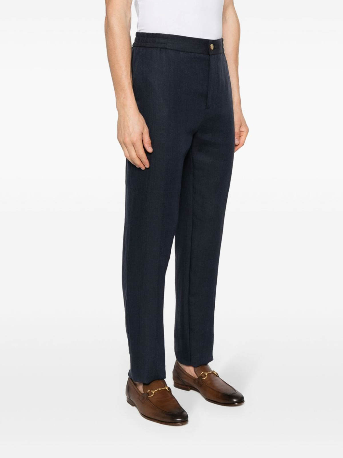 Shop Etro Navy Linen Trousers In Blue