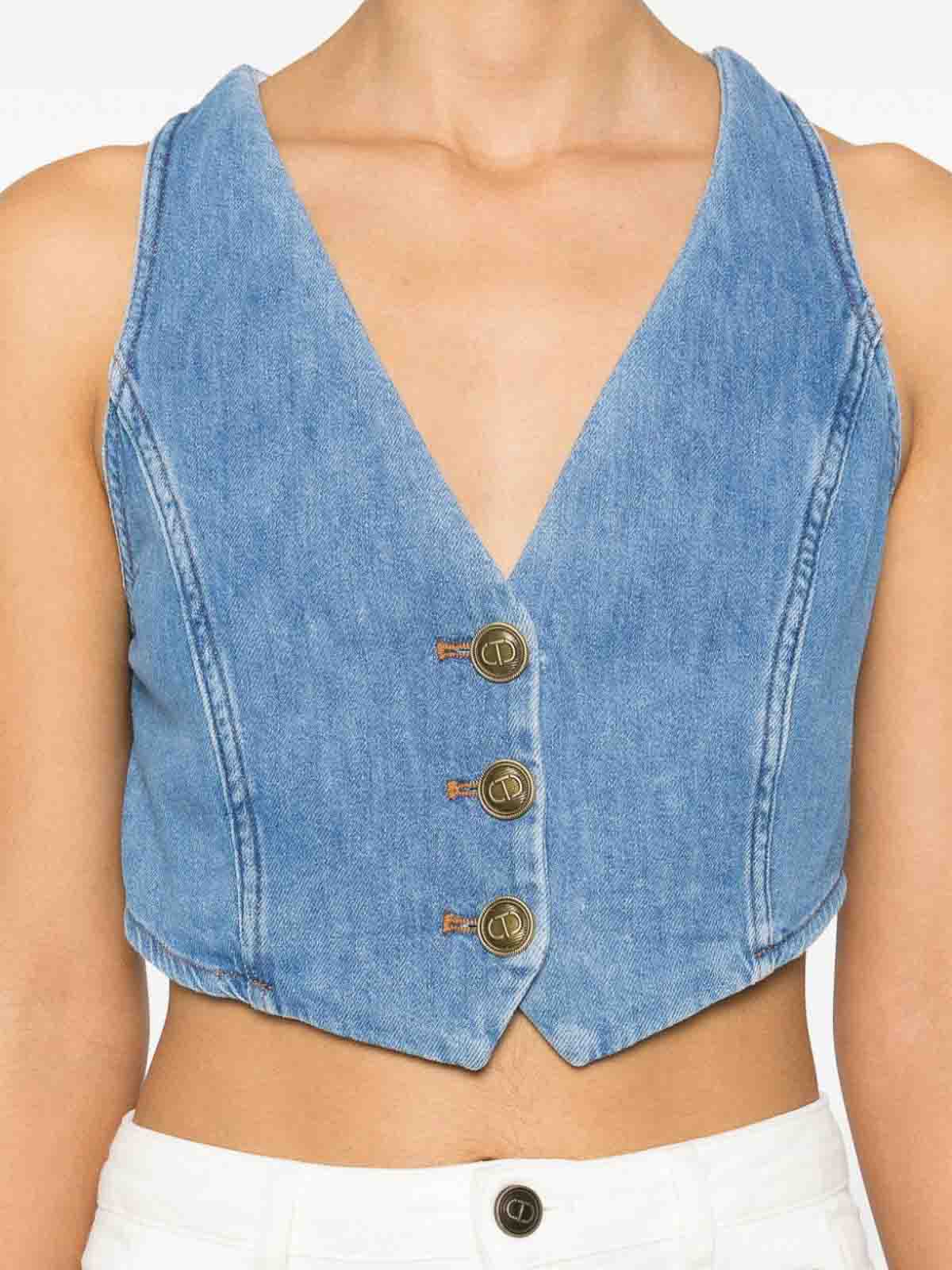 Shop Twinset Denim Vest Denim Blue V-neck Stitching