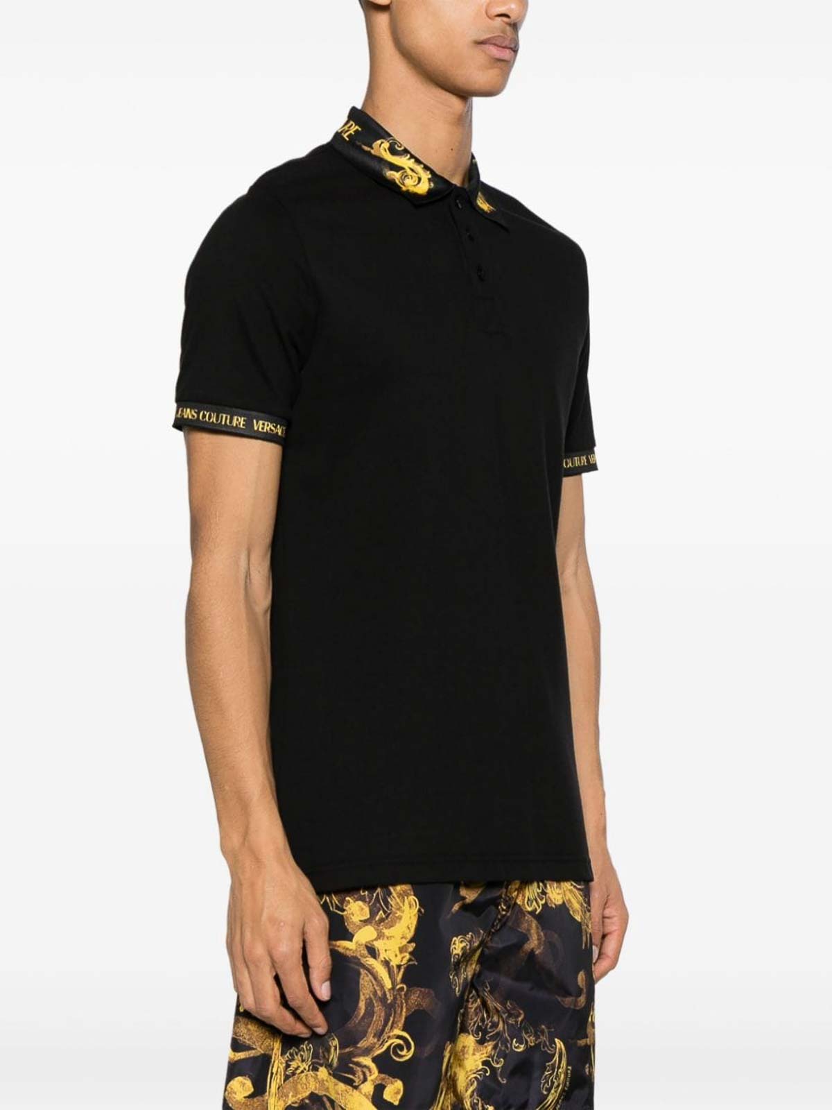 Shop Versace Jeans Couture Baroque Finish Polo Shirt In Black
