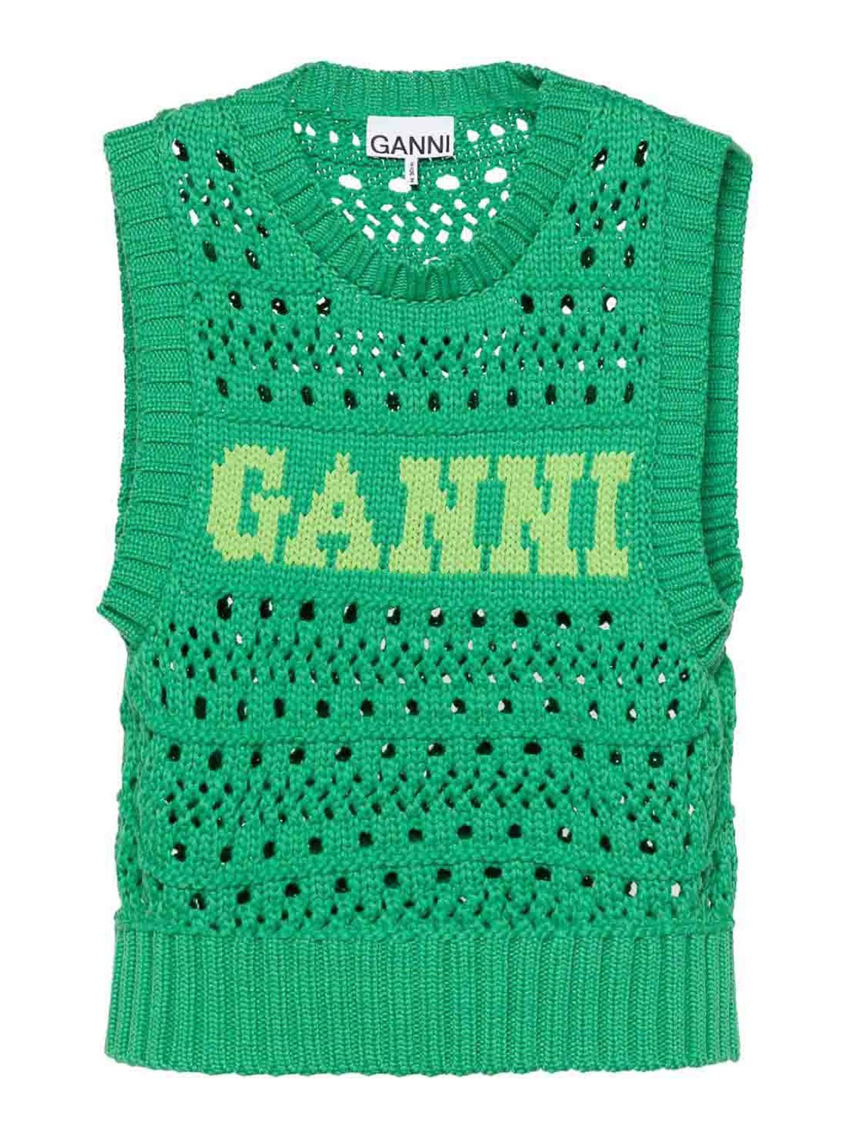 Shop Ganni Bright Green Crochet Knit Top