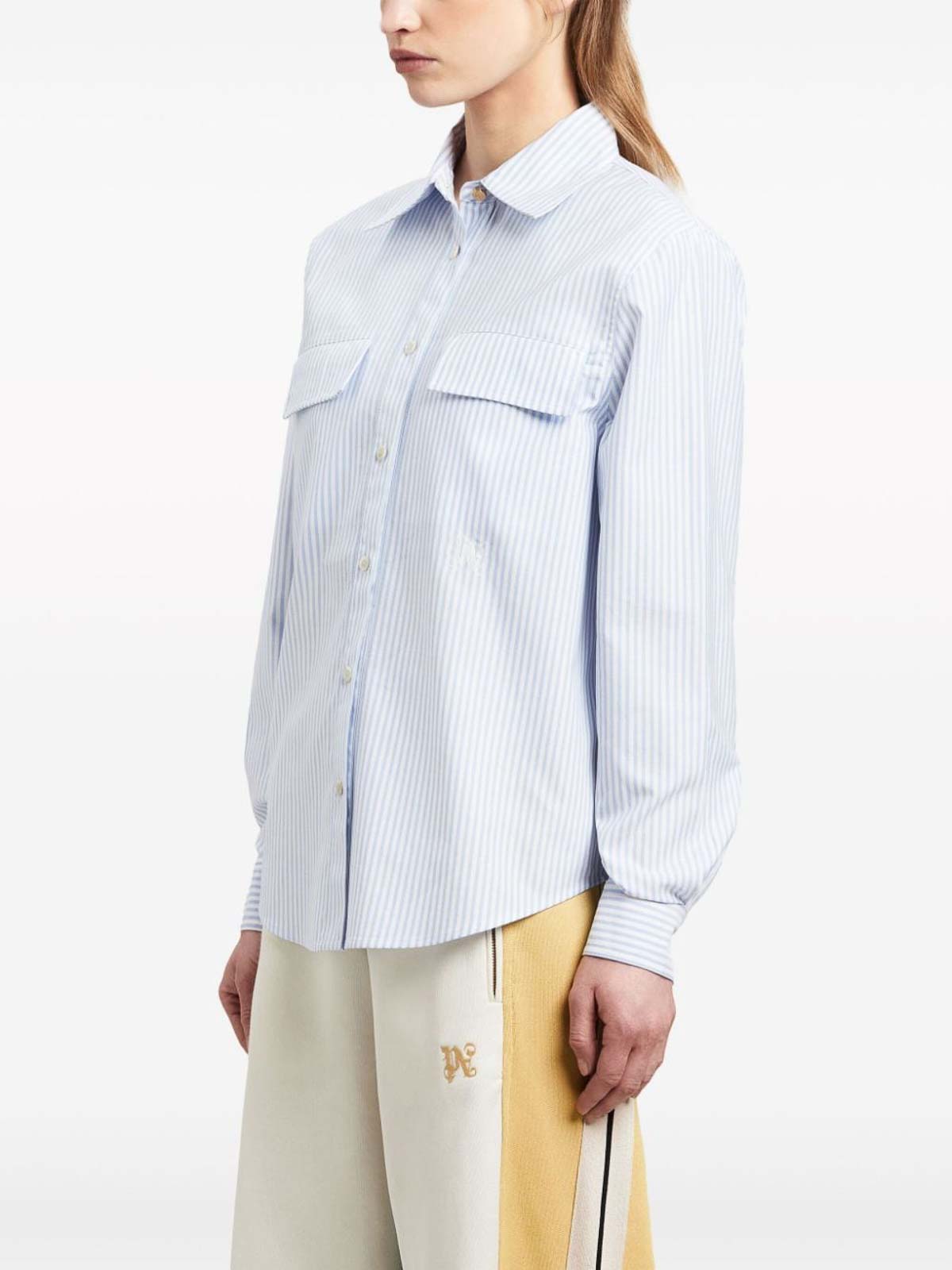 Shop Palm Angels Striped French Collar Shirt In Light Blue