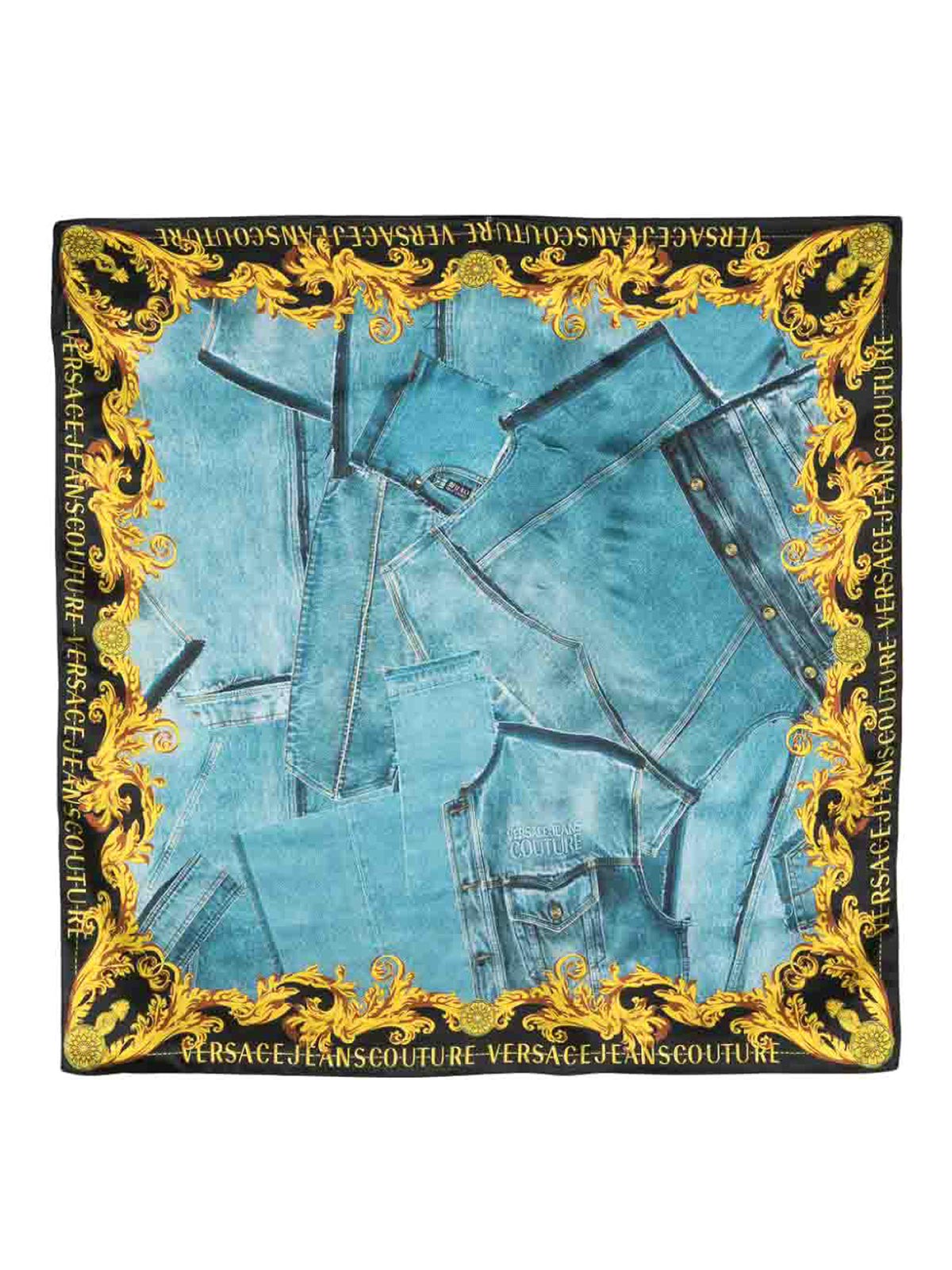 Shop Versace Jeans Couture Denim Print Scarf In Blue