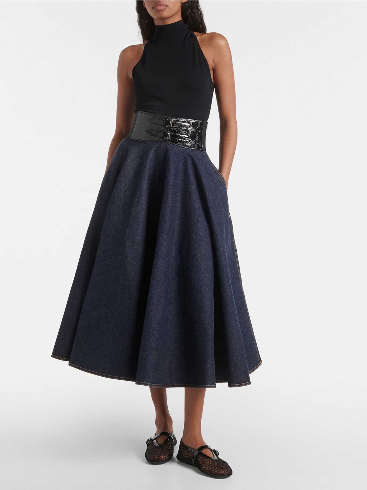 Shop Alaïa Belted Denim Skirt In Light Beige
