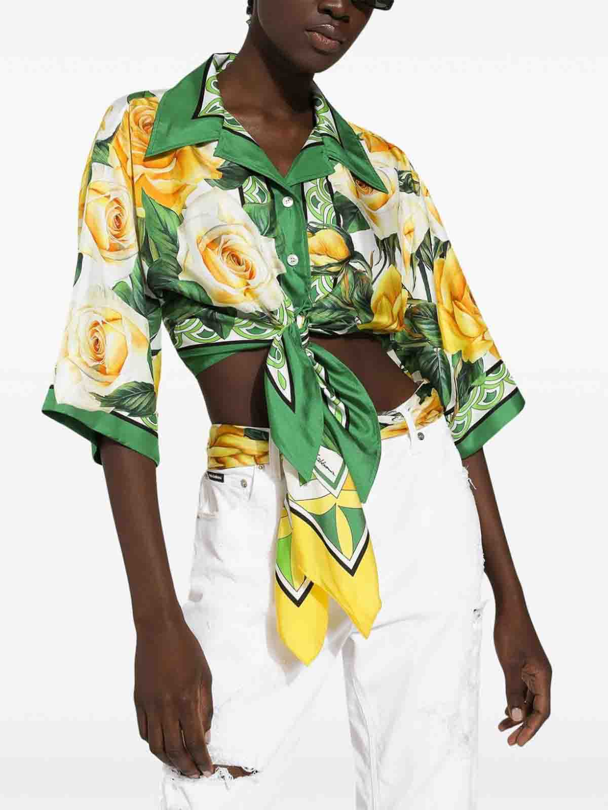 Shop Dolce & Gabbana Rose-print Cropped Shirt In Multicolour