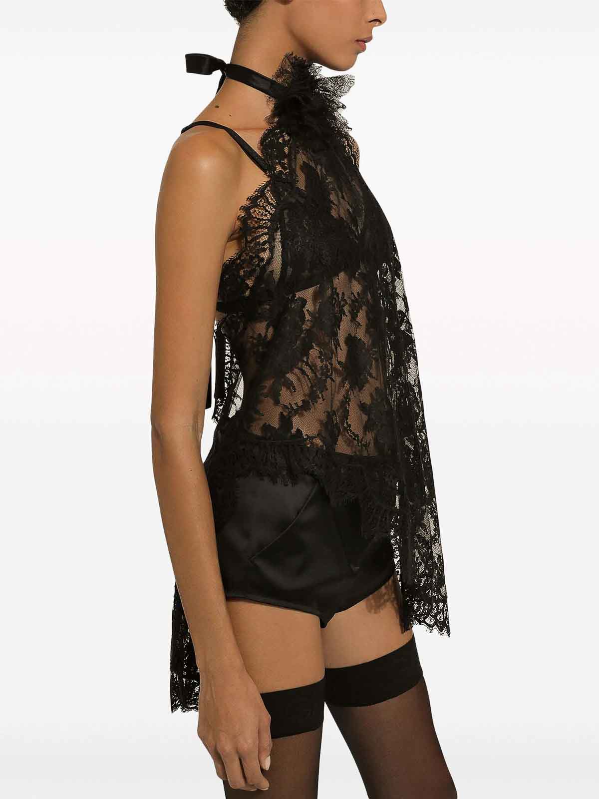 Shop Dolce & Gabbana Asymmetrical Lace Top With Flower Detail In Black