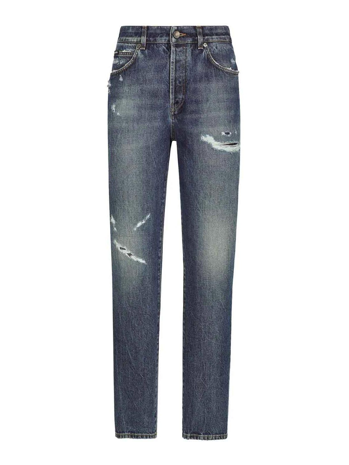 Shop Dolce & Gabbana Ripped Denim Jeans In Dark Wash