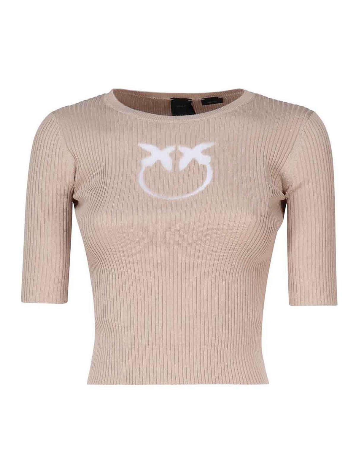 Pinko Ribbed Knit Sweater With Love Birds Logo In Beige