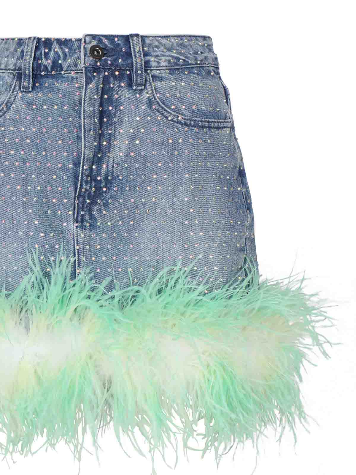 Shop Self-portrait Denim Skirt With Rhinestone Feathers In Green