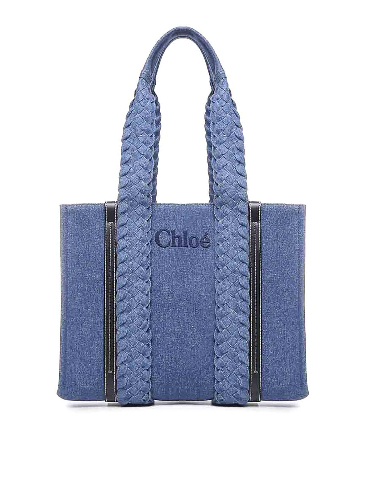 Chloé E Small Woody Denim Tote Bag In Blue
