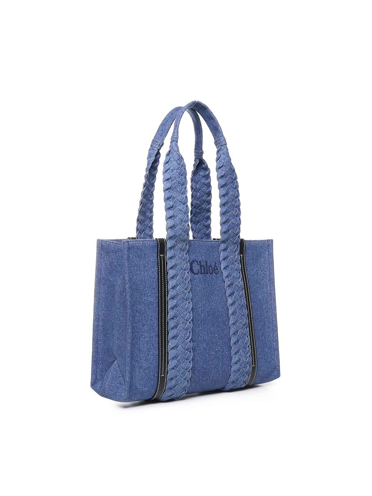 Shop Chloé E Small Woody Denim Tote Bag In Light Wash