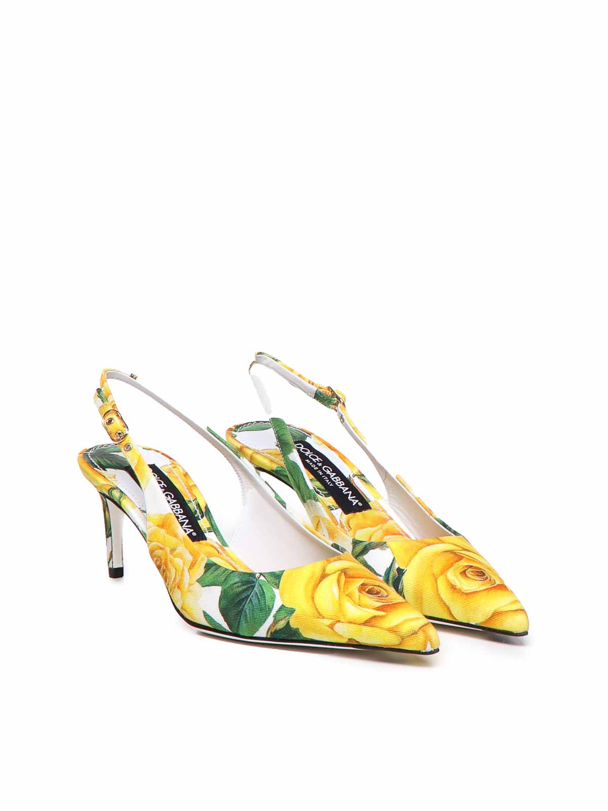 Shop Dolce & Gabbana Yellow Rose Print Gabardine Slingback