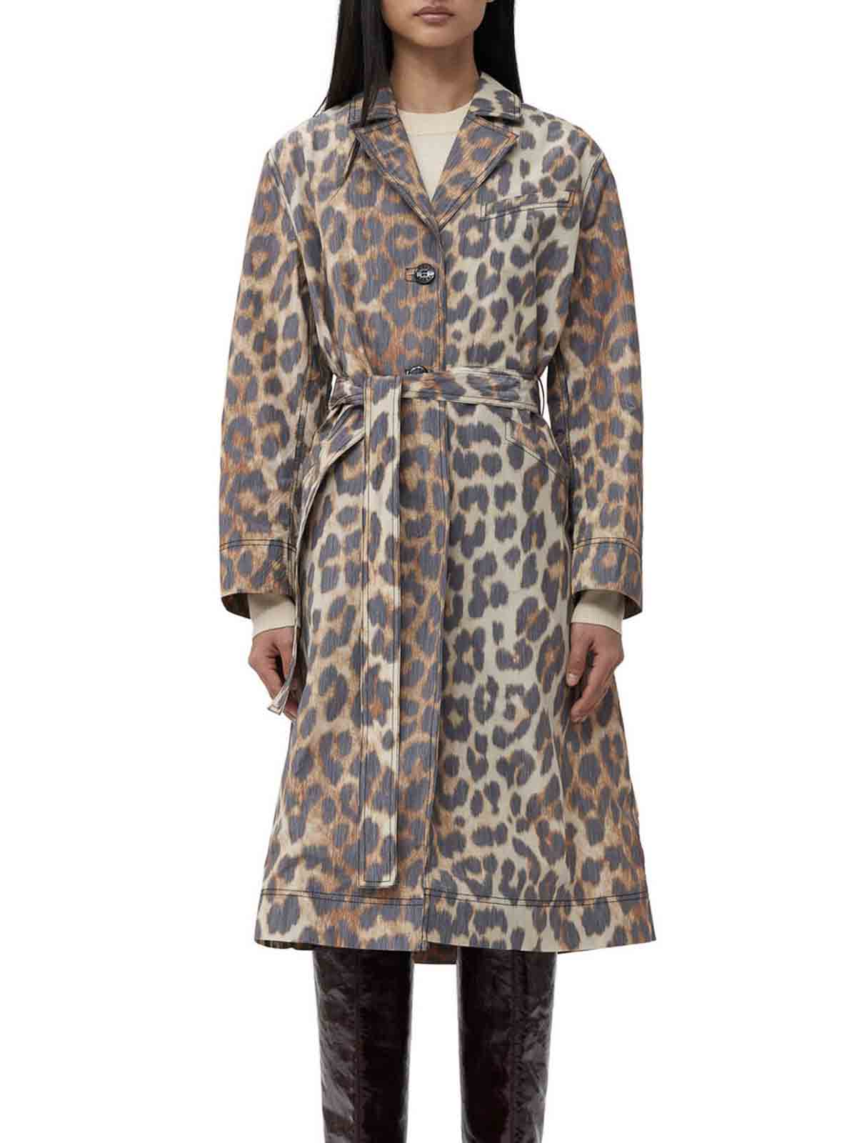 Shop Ganni Leopard Print Coat In Brown