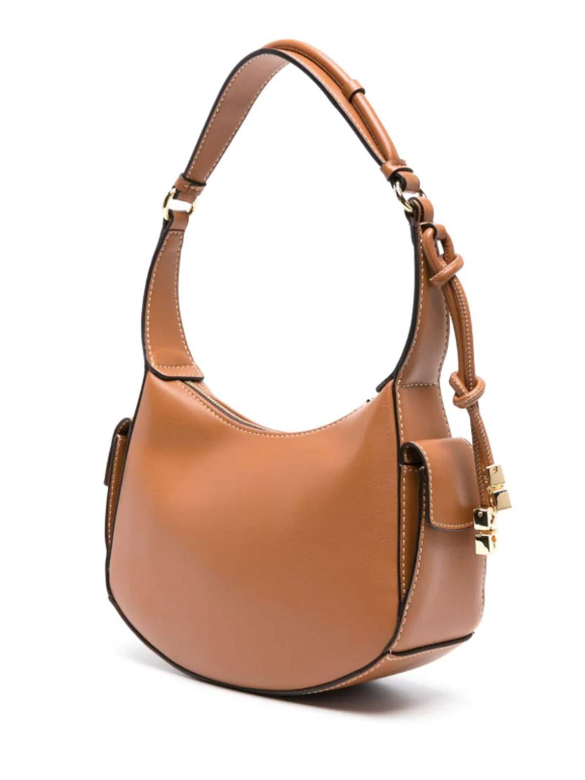 Shop Ganni Smooth Grain Gold-tone Top Zip Pocket Bag In Brown