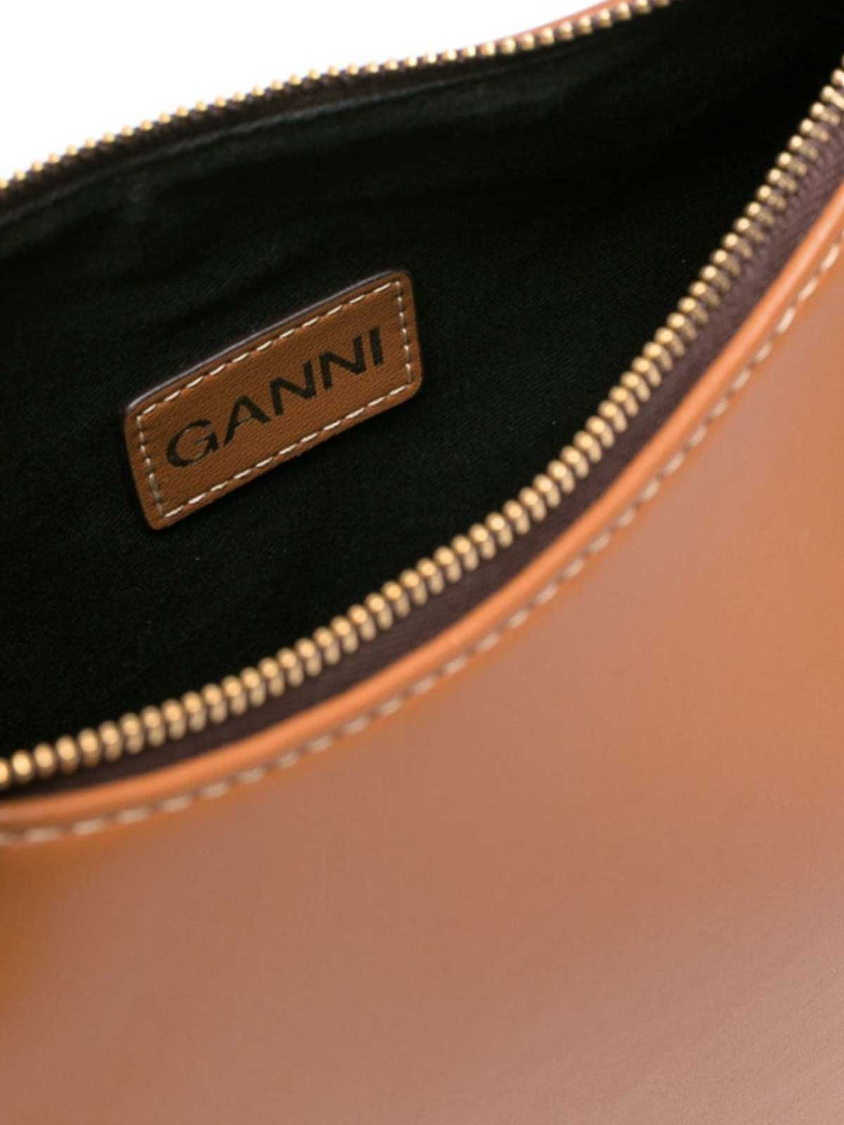 Shop Ganni Smooth Grain Gold-tone Top Zip Pocket Bag In Brown