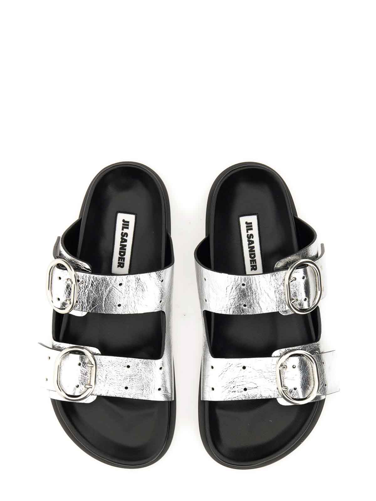 Shop Jil Sander Leather Sandals With Buckle In Silver