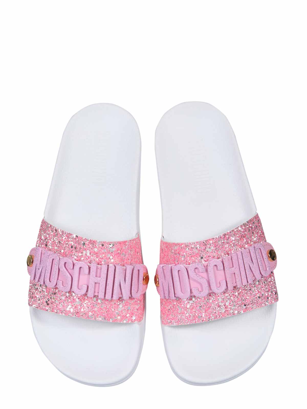 Shop Moschino Lettering Logo Slide Sandals In Nude & Neutrals