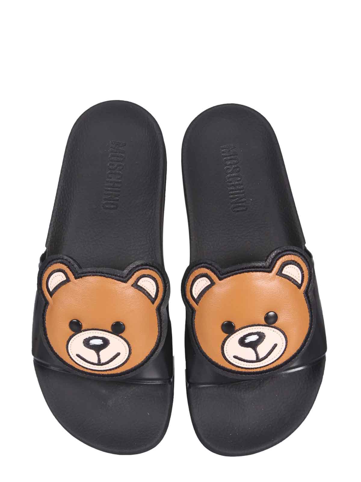 Shop Moschino Slide Teddy Bear Sandalss In Black
