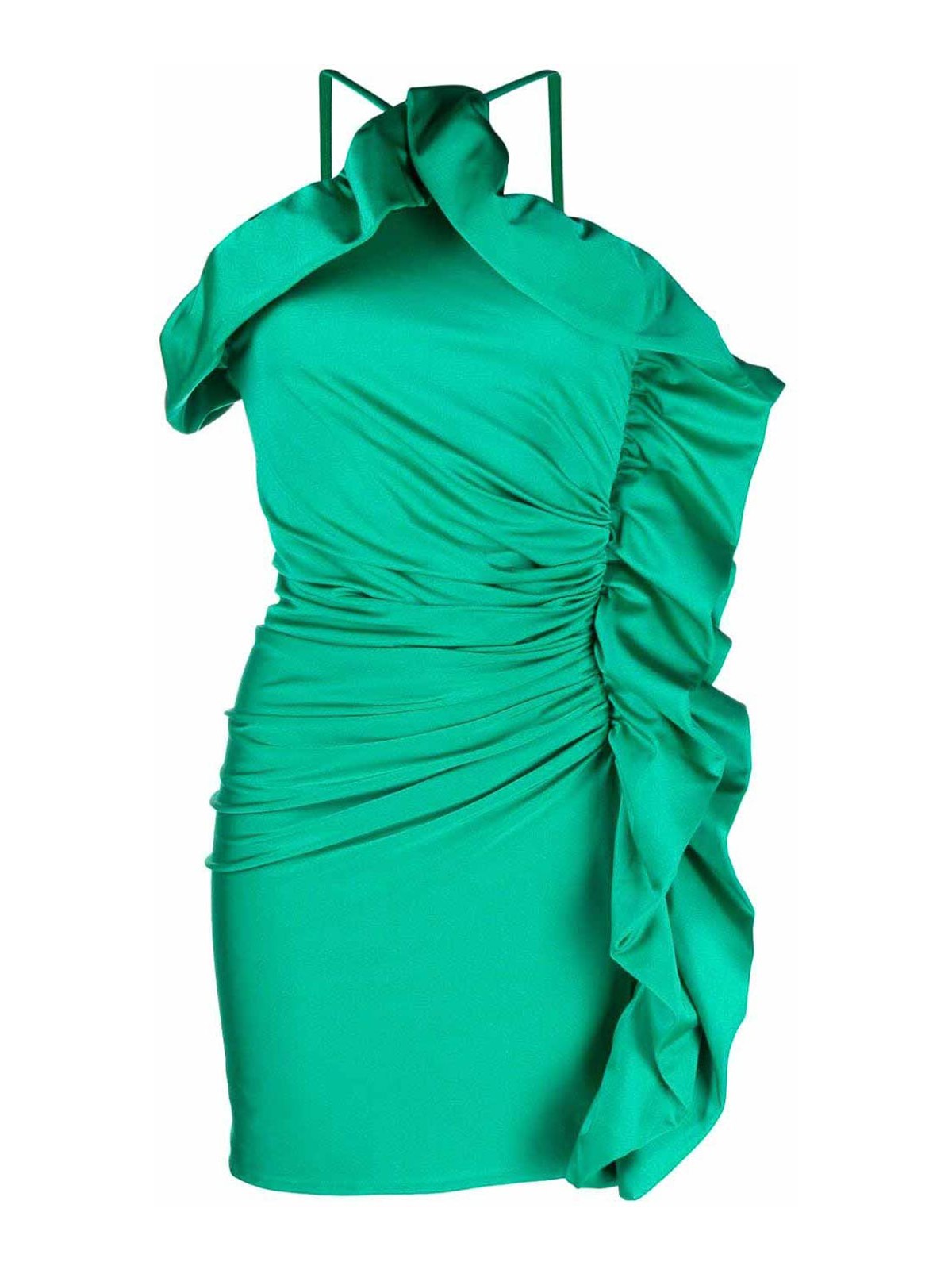 Shop P.a.r.o.s.h Ruffled Ruched Satin-finish Mini Dress In Green