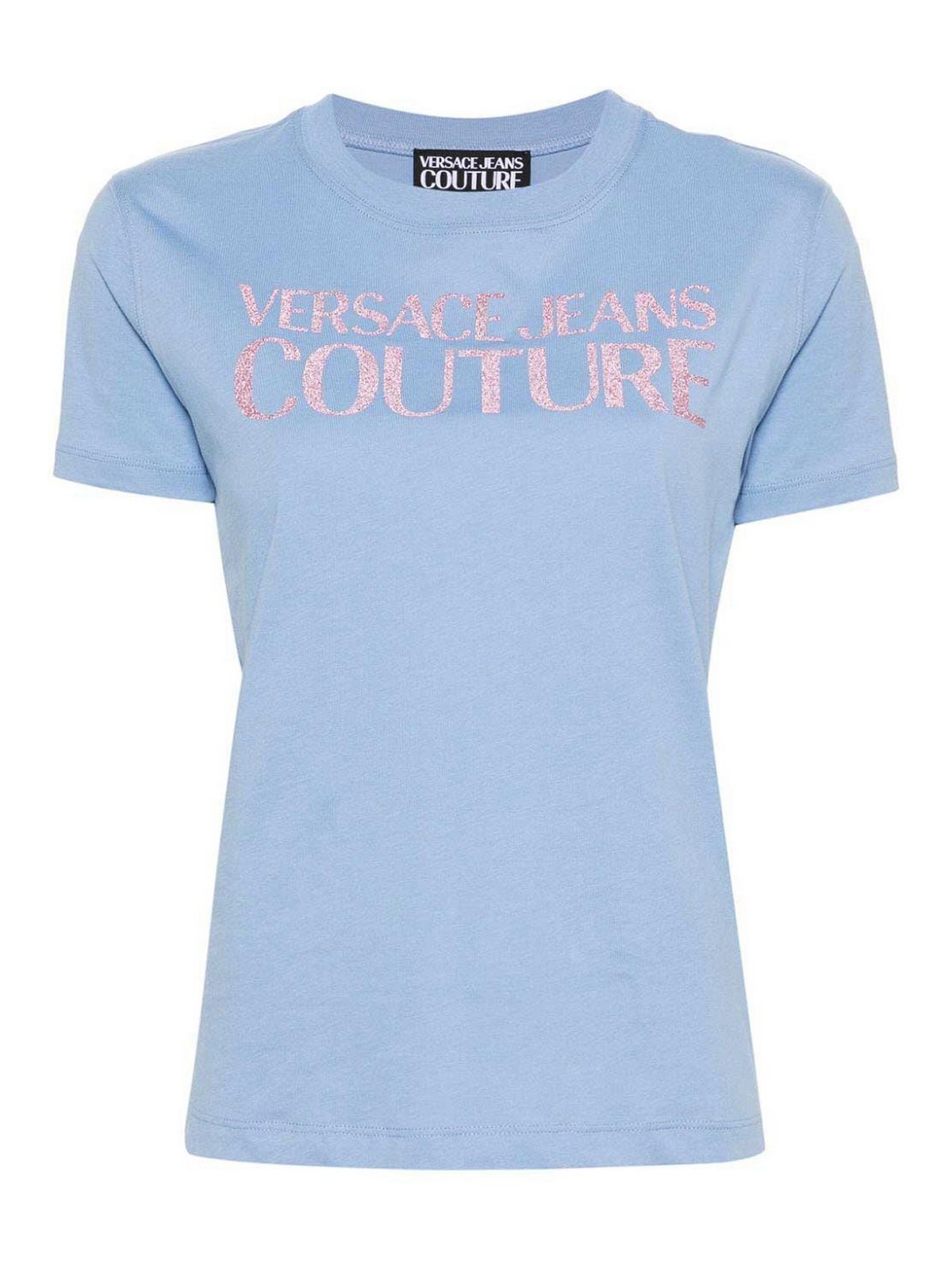 Versace Jeans Couture Glittered-logo Cotton T-shirt In Light Blue