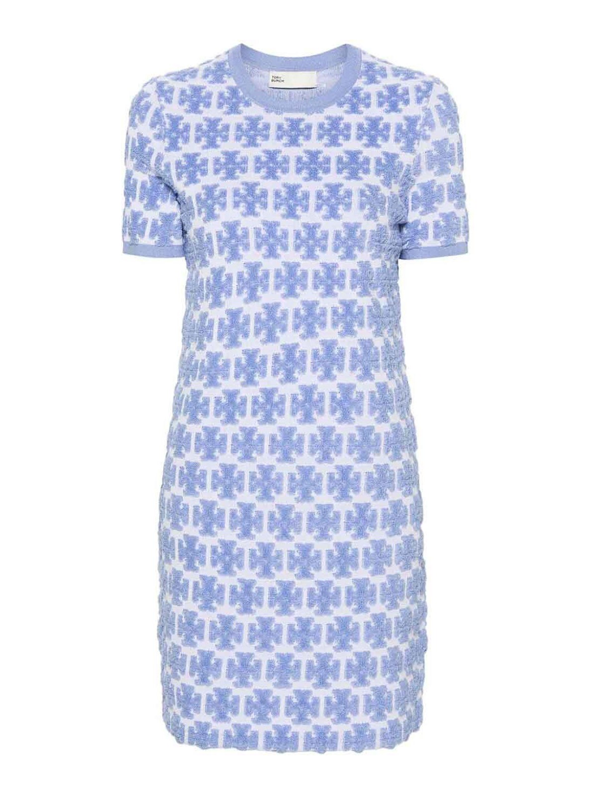 Shop Tory Burch Logo Bouclet Dress In Light Blue