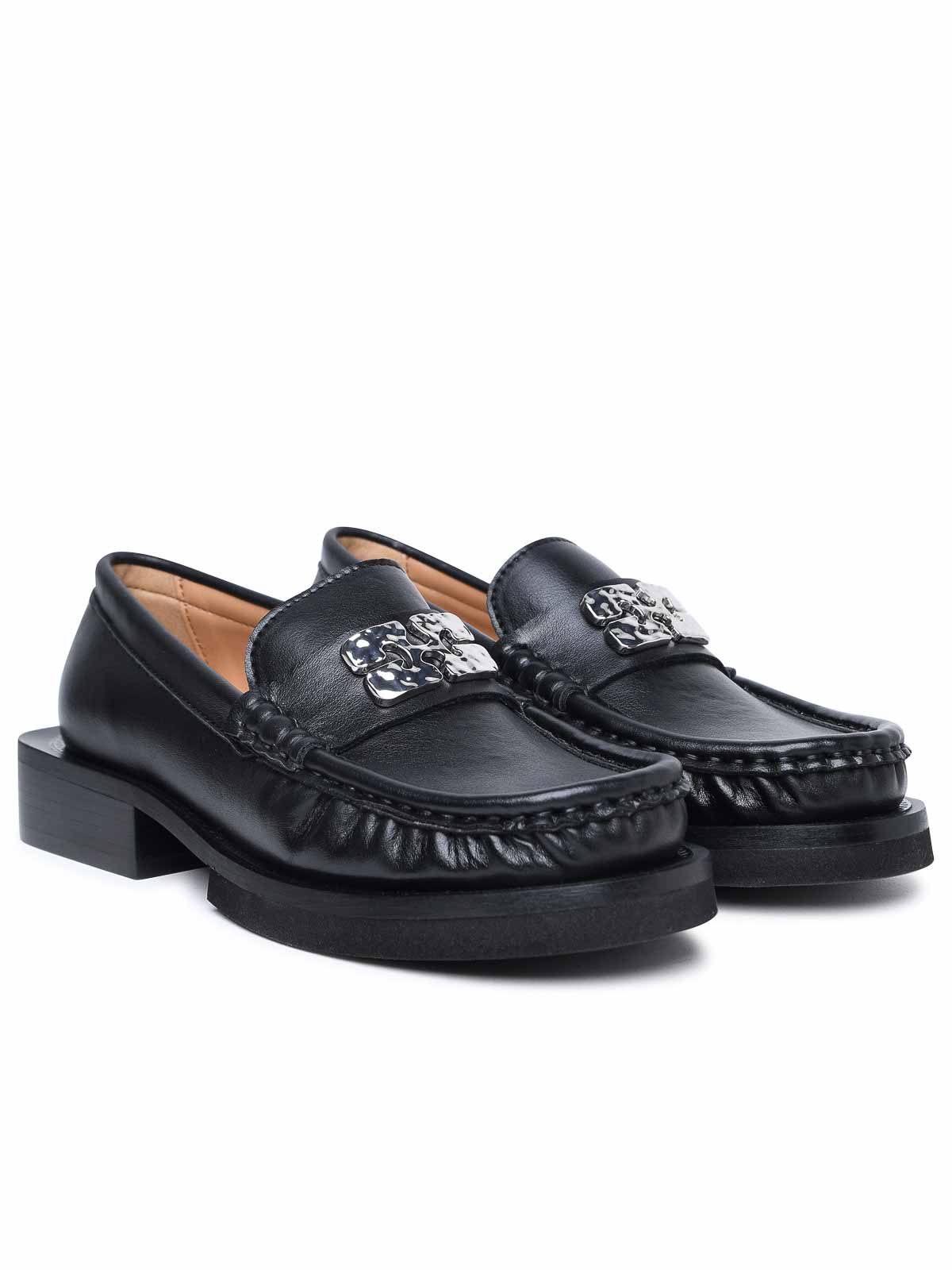 Shop Ganni Leather Loafers In Black