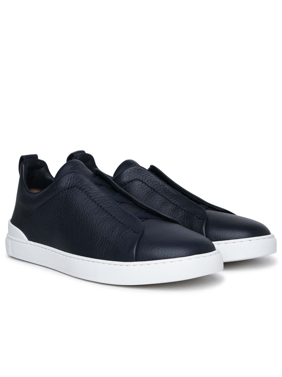 Shop Zegna Triple Stitch Blue Leather Sneakers