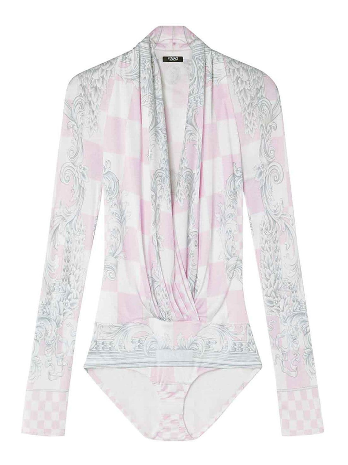 Versace Barocco-print Checked Bodysuit In White