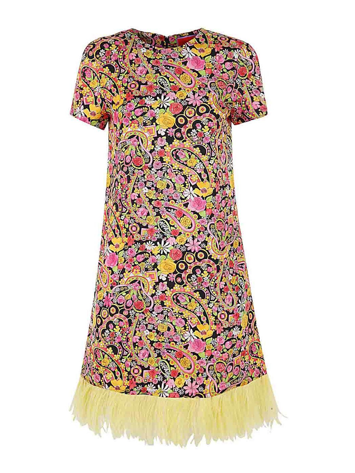 Shop La Doublej Twill Silk Mini Swing Dress With Feathers In Multicolour