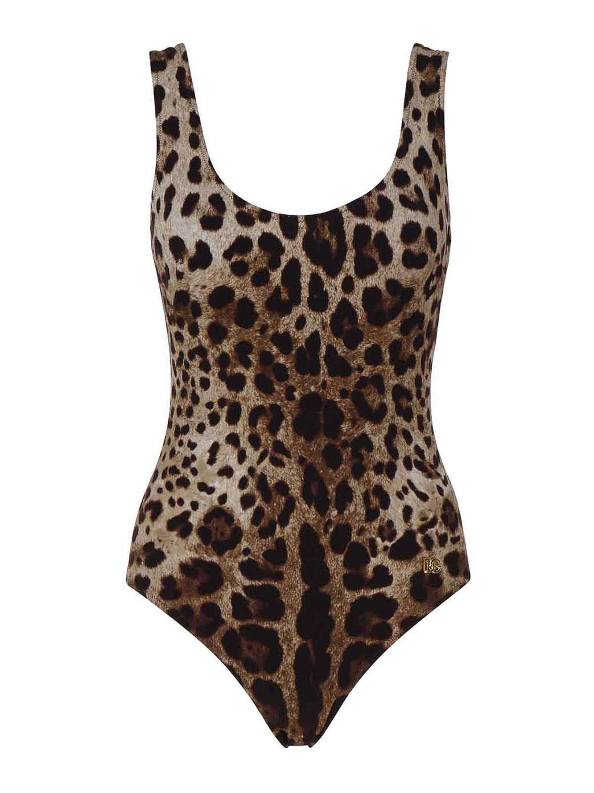 Dolce & Gabbana Leopard Print One Piece Swimsuit In Brown