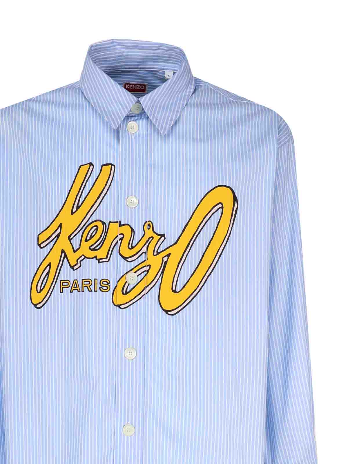 Shop Kenzo Cotton Shirt With Stylized Logo In Blue