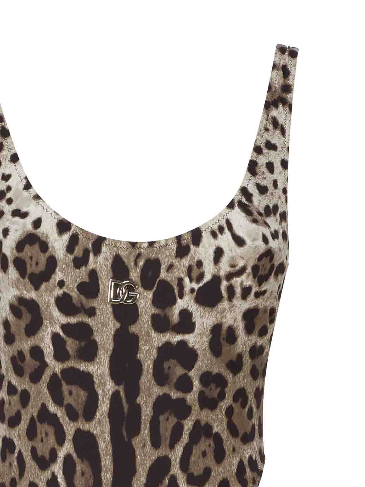 Shop Dolce & Gabbana Leopard Print One-piece Swimsuit With Cut-out In Brown