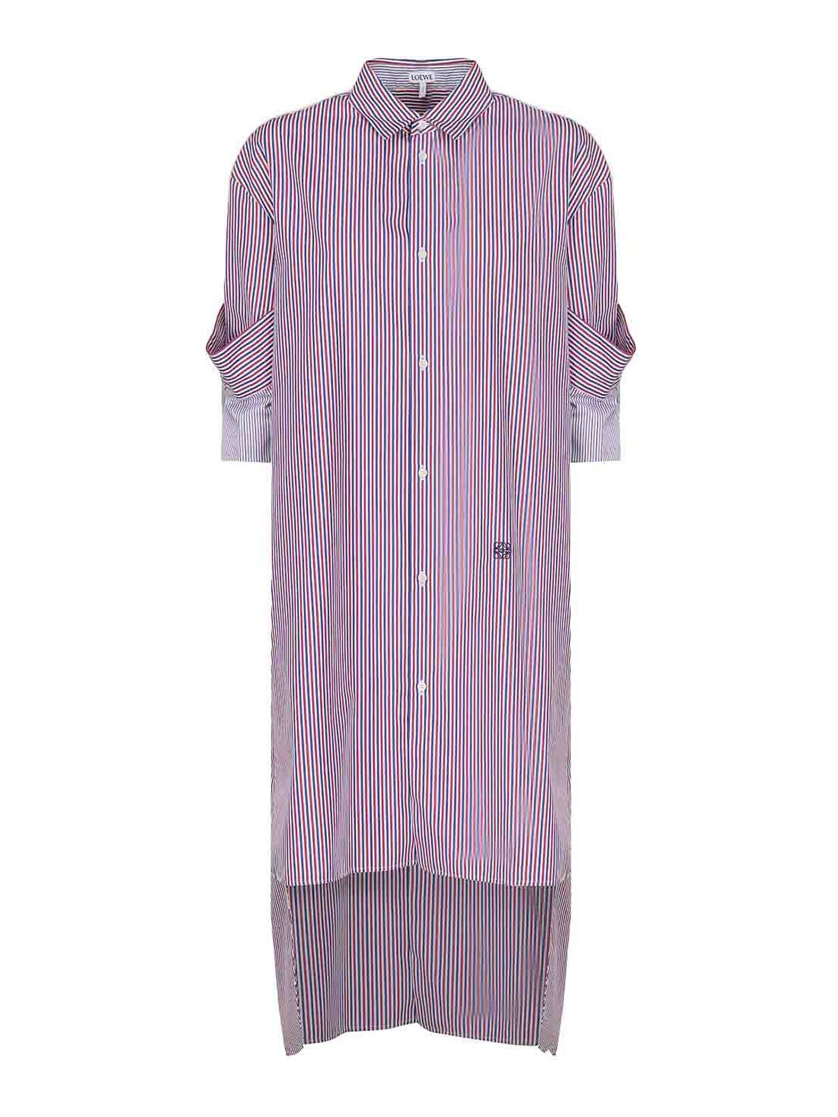Loewe Shirt Dress With Lapel In Striped Cotton In Blue