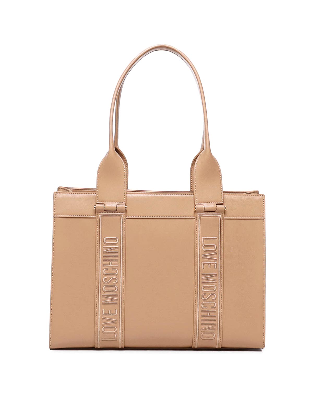Shop Love Moschino Shoulder Bag With Logo Embroidery In Beige