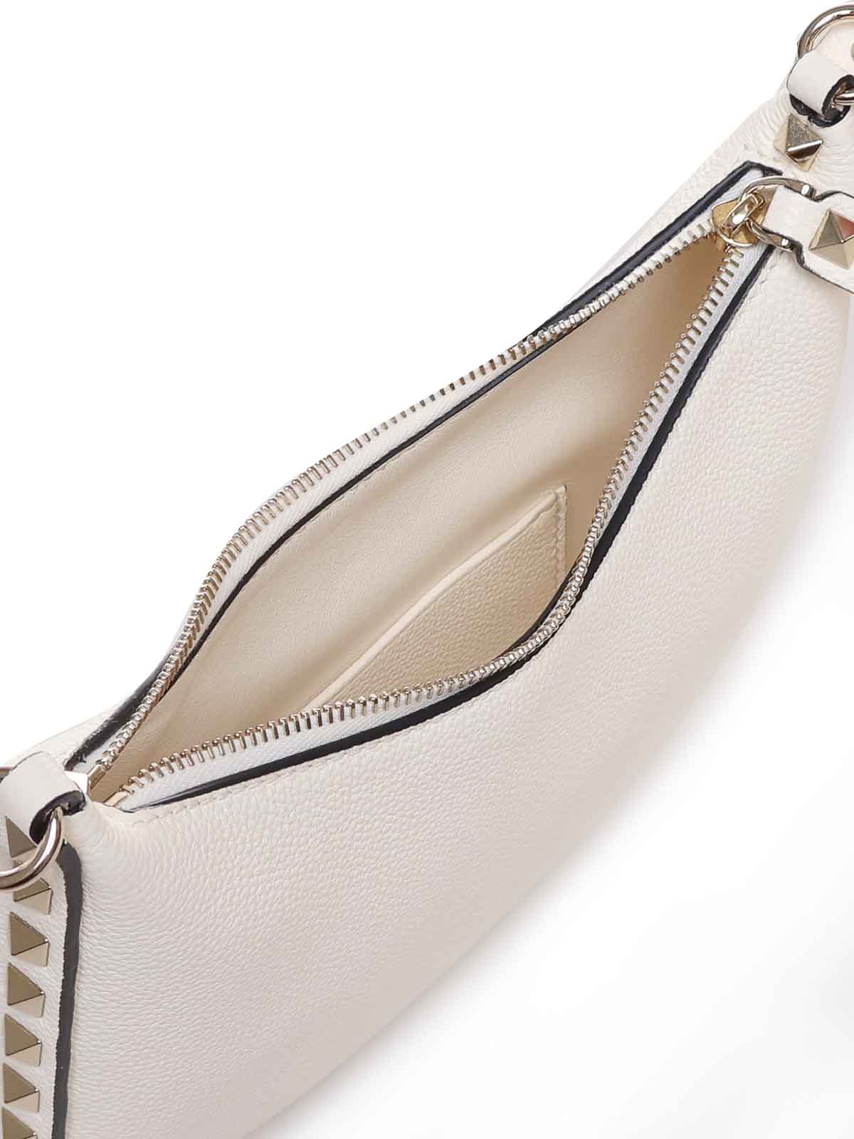 Shop Valentino Rockstud Mini Hobo Bag In Calfskin In Blanco