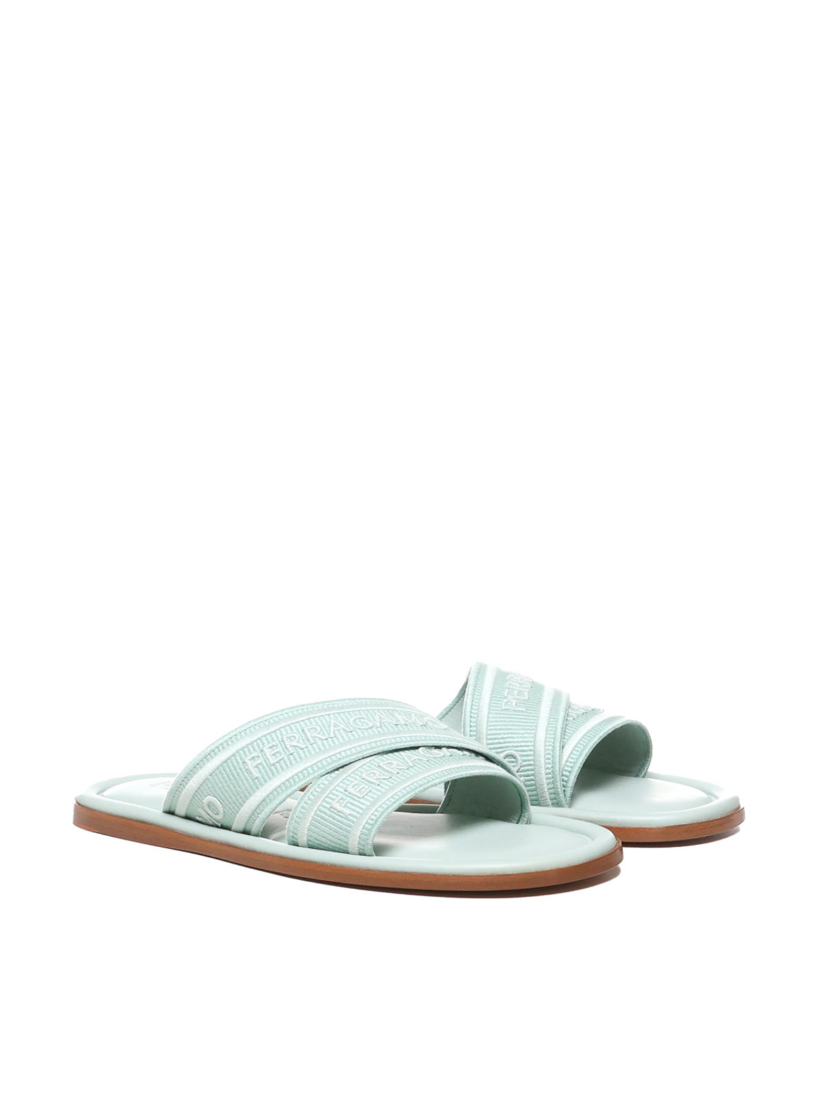 Shop Ferragamo Round Toe Slide Sandals With Logo In Verde Claro