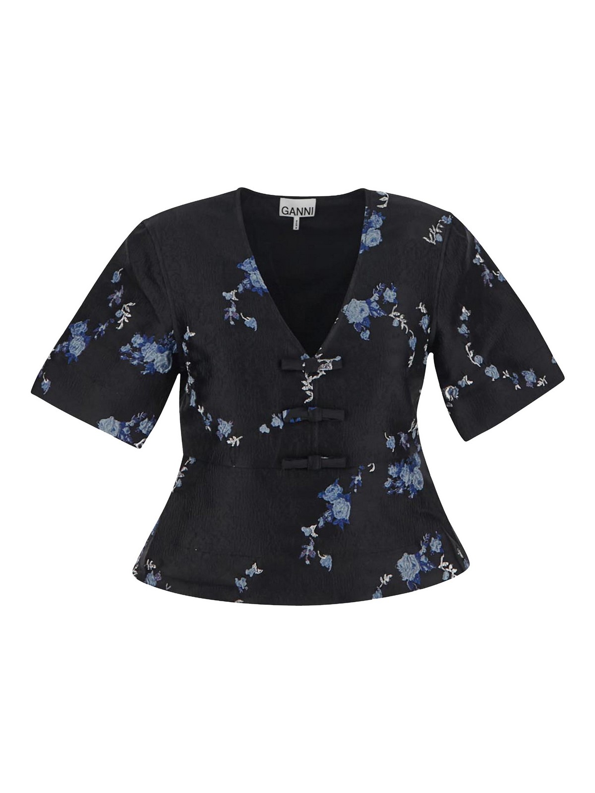 Shop Ganni Top In Black With Blue And Floral