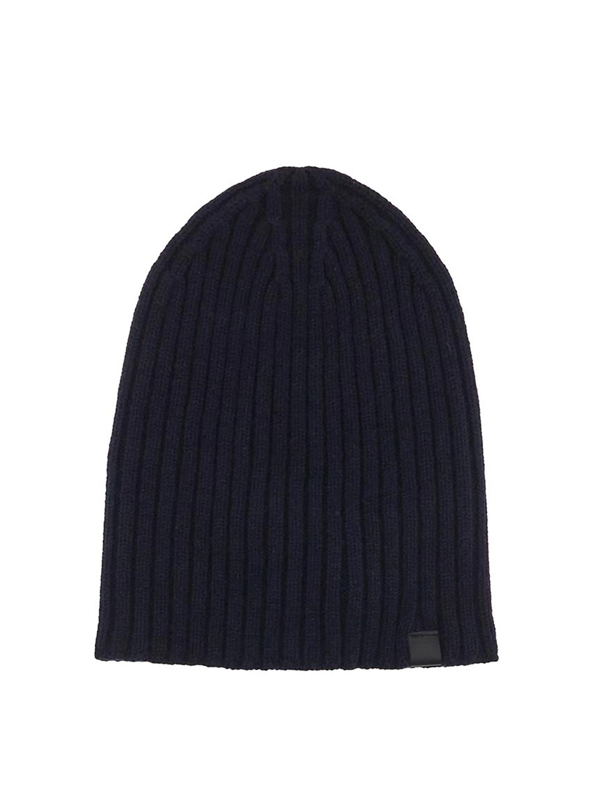 Tom Ford Beanie Hat In Blue Ribbed With Black Logo Tag