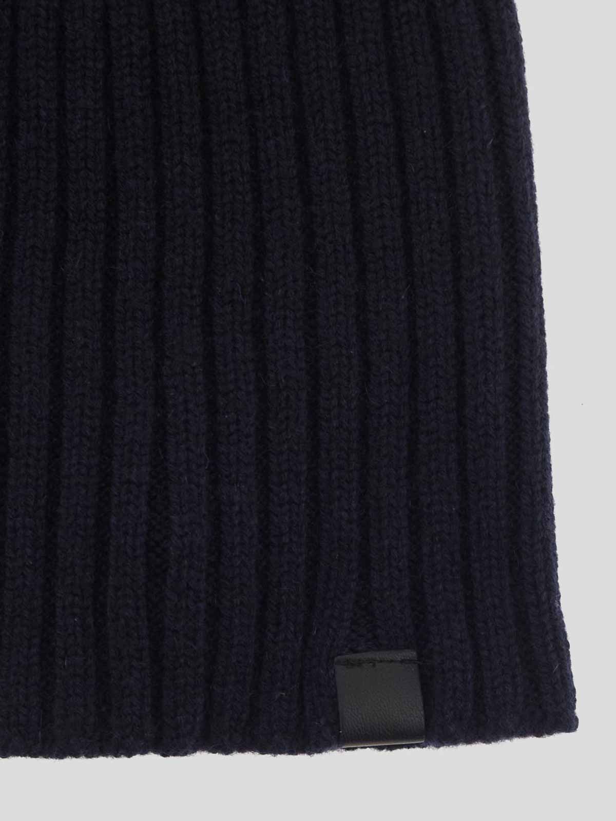 Shop Tom Ford Beanie Hat In Blue Ribbed With Black Logo Tag
